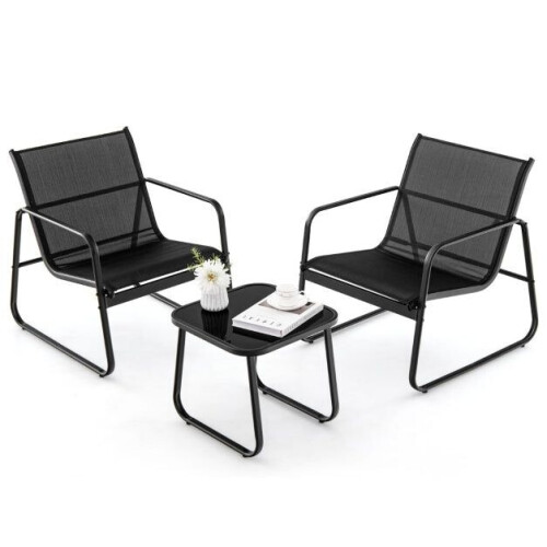 3-delig Tuinmeubelset Balkonset met 2 Stoelen en Tafel - Zwart, Afmetingen Stoel 58x60x85 cm, Tafel