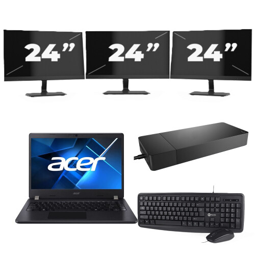 Acer TravelMate P214-53 - Intel Core i3-11e Generatie - 14 inch - 8GB RAM - 256GB SSD - Windows 11 Home + 3x 24 inch Monitor Tweedehands
