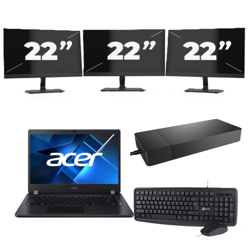 Acer TravelMate P214-53 - Intel Core i3-11e Generatie - 14 inch - 8GB RAM - 256GB SSD - Windows 11 Home + 3x 22 inch Monitor Tweedehands