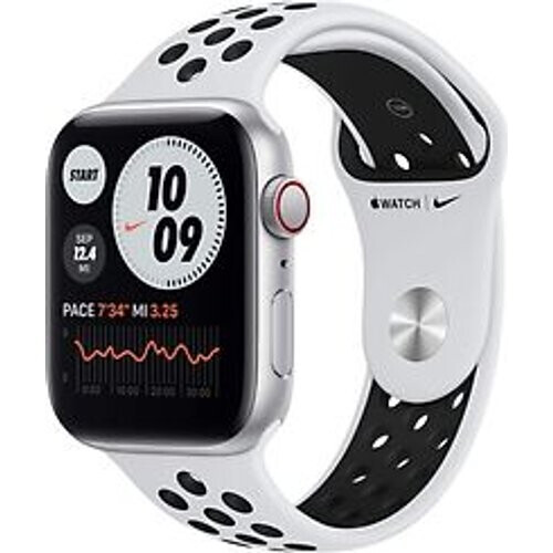 Apple Watch Nike SE 44 mm kast van zilver aluminium met zilver/zwart sportbandje van Nike [wifi + cellular] Tweedehands