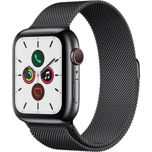 Apple Watch (Series 5) 2019 GPS + Cellular 44 mm - Roestvrij staal Spacegrijs - Milanees bandje Zwart Tweedehands