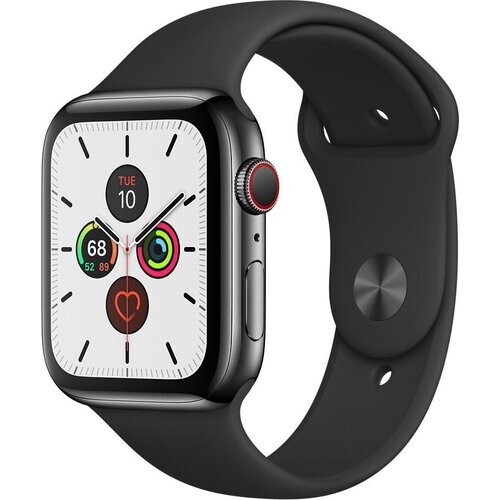 Apple Watch (Series 5) 2019 GPS + Cellular 44 mm - Roestvrij staal Spacezwart - Sportbandje Zwart Tweedehands