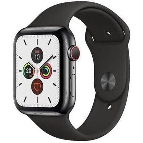 Apple Watch (Series 5) 2019 GPS + Cellular 44 mm - Roestvrij staal Zilver - Sportbandje Zwart Tweedehands