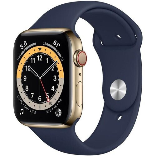 Apple Watch Series 6 (2020) GPS + Cellular 44 mm - Roestvrij staal Goud - Sportbandje Blauw Tweedehands