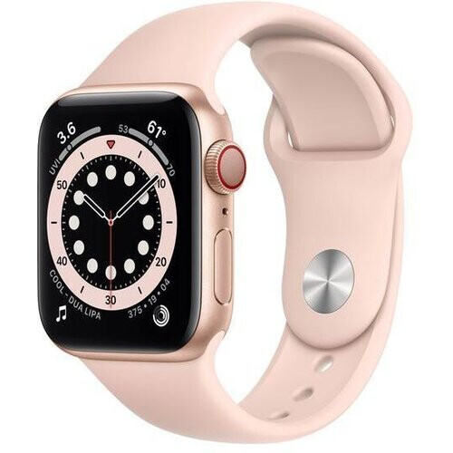 Apple Watch (Series 6) 2020 GPS + Cellular 44 mm - Roestvrij staal Goud - Sportbandje Roze Tweedehands
