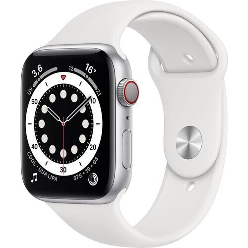 Apple Watch Series 6 (2020) GPS + Cellular 44 mm - Roestvrij staal Grafiet - Sportbandje Wit Tweedehands