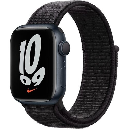 Apple Watch (Series 7) 2021 GPS 41 mm - Aluminium Middernacht - Geweven sportbandje van Nike Zwart Tweedehands