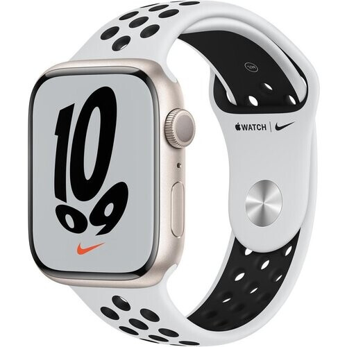 Apple Watch (Series 7) 2021 GPS + Cellular 45 mm - Aluminium Sterrenlicht - Sportbandje van Nike Wit/Zwart Tweedehands