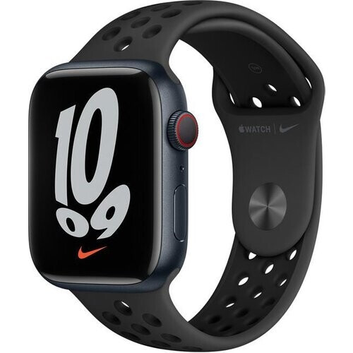 Apple Watch (Series 7) 2021 GPS + Cellular 45 mm - Aluminium - Sportbandje van Nike Zwart Tweedehands