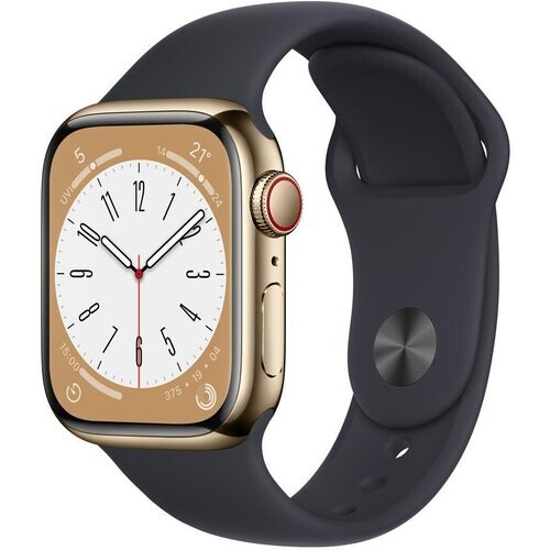 Apple Watch (Series 7) 2021 GPS + Cellular 45 mm - Roestvrij staal Goud - Sportbandje Zwart Tweedehands