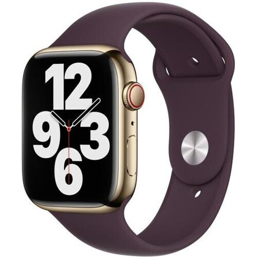 Apple Watch Series 7 (2021) GPS + Cellular 45 mm - Roestvrij staal Goud - Sportbandje Paars Tweedehands