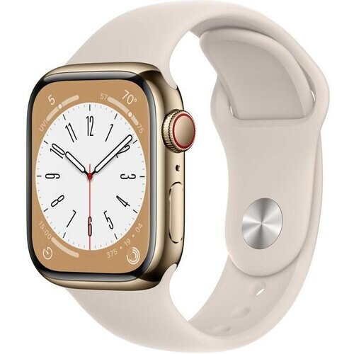 Apple Watch Series 7 (2021) GPS + Cellular 45 mm - Roestvrij staal Goud - Sportbandje Sterrenlicht Tweedehands