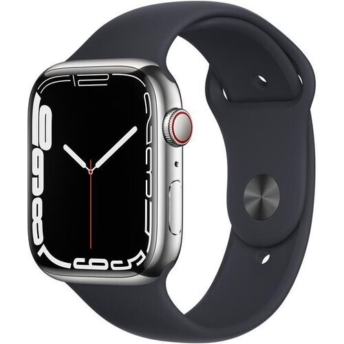 Apple Watch (Series 7) 2021 GPS + Cellular 45 mm - Roestvrij staal Zilver - Sportbandje Zwart Tweedehands