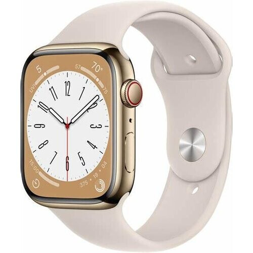 Apple Watch (Series 8) 2022 GPS + Cellular 45 mm - Roestvrij staal Goud - Sportbandje Wit Tweedehands