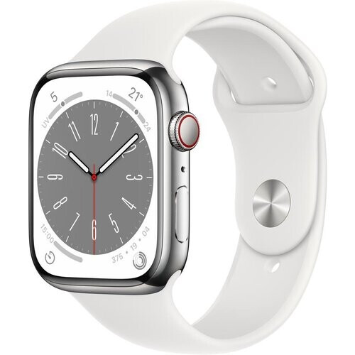 Apple Watch (Series 8) 2022 GPS + Cellular 45 mm - Roestvrij staal Zilver - Sportbandje Wit Tweedehands