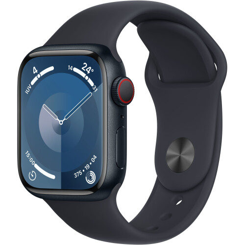 Apple Watch Series 9 - Smartwatch - GPS + Cellular 41mm - Aluminium - Sportbandje M/L Zwart Tweedehands