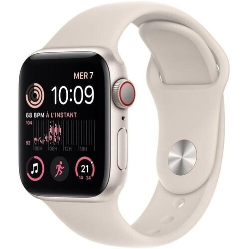 Apple Watch (Series SE) 2022 GPS + Cellular 44 mm - Aluminium Sterrenlicht - Sportbandje Wit Tweedehands