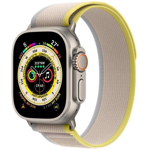 Apple Watch (Ultra) 2022 GPS + Cellular 49 mm - Titanium Grijs - Trail-bandje Geel Tweedehands