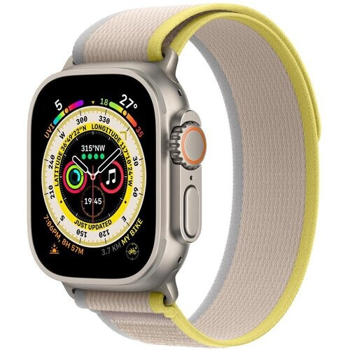 Apple Watch Ultra (2022) GPS + Cellular 49 mm - Titanium Naturel titanium - Trail-bandje Geel Tweedehands