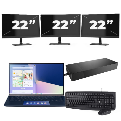 Asus ZenBook 14 UX434 - Intel Core i5-10e Generatie - 14 inch - 8GB RAM - 256GB SSD - Windows 11 Home + 3x 22 inch Monitor Tweedehands