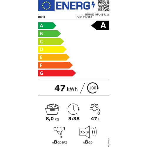 Beko BMMS3WFU4841W - Wasmachine - A - 8 kg - Duits Display - Wit