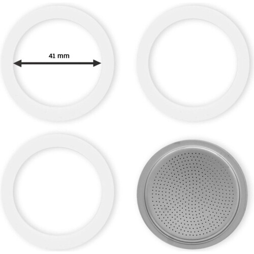 Bialetti - Set Filterplaatje aluminium (41mm) - 3 Rubberen Ringen - Zilver