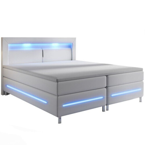 Boxspringbed Norfolk - 140x200 cm - Kunstleer - LED verlichting - Luxe slaapcomfort - Wit - 66 cm instaphoogte Tweedehands