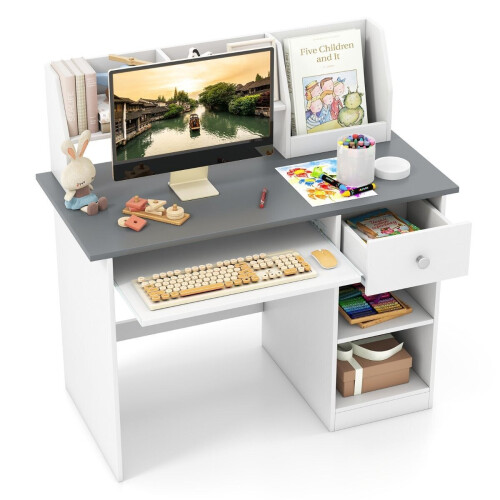 Coast Kinderbureau - Multifunctioneel Bureau met Toetsenbordlade en Opbergvakken - 90 x 45 x 90 cm - Wit/Grijs