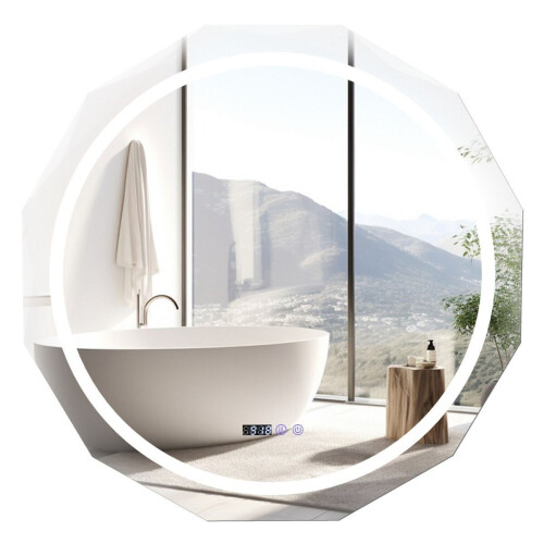 Coast LED-Badkamerspiegel - 76x76 cm - Anti-Condens Verlichting Klok Temperatuurweer - Zilver/Wit Tweedehands