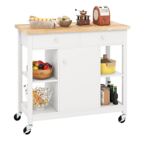 Coast Mobiele Keukentrolley - Keukeneiland - Rubberhout werkblad 99 x 46 cm - Wit (4)