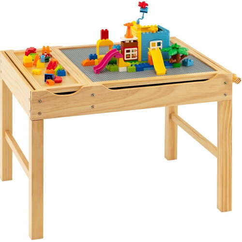 COSTWAY 2-in-1 kindertafel - omkeerbaar tafelblad - speeltafel van grenenhout met opbergruimte - natuur