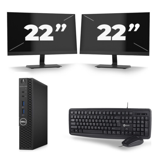 Dell OptiPlex 3070 Micro USFF - Intel Core i3-9e Generatie - 8GB RAM - 256GB SSD - Windows 11 + 2x 22 inch Monitor Tweedehands