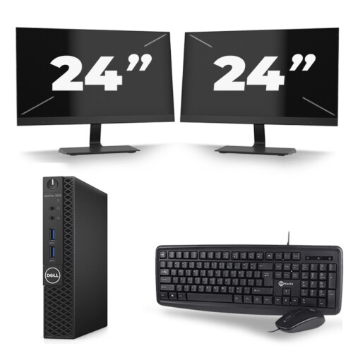 Dell OptiPlex 3070 Micro USFF - Intel Core i3-9e Generatie - 8GB RAM - 256GB SSD - Windows 11 + 2x 24 inch Monitor Tweedehands