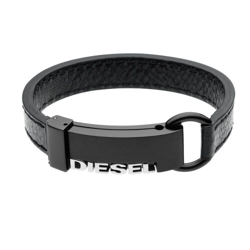 Diesel Step Up - Heren Armband - Zwart Leer met Logo - 21 cm
