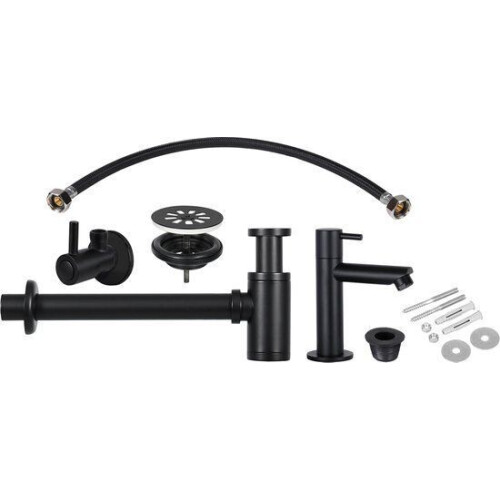 Differnz Fontein Installatie Set - Wastafelinstallatie Set - Hoekstopkraan Koudwaterkraan Sifon Afvoerplug - Mat Zwart Tweedehands