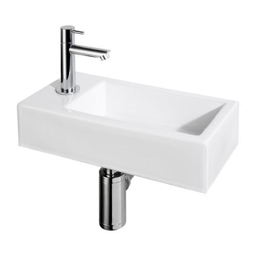 Differnz Helios Fonteinset 37,5x18,5x9 cm - Wastafel Keramiek Wit - Met Koudwaterkraan Links Recht Mat Goud - Fonteinset Toilet - Incl. Sifon & Always-Open Afvoerplug - Wandmontage