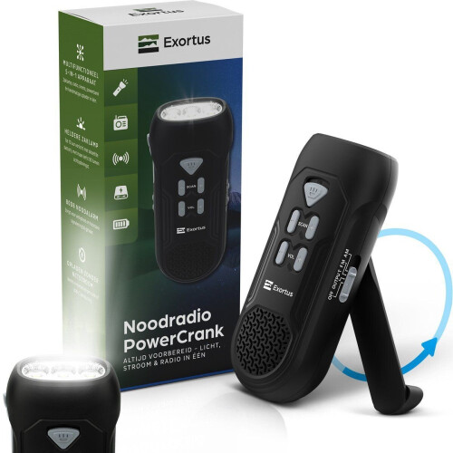 Exortus® PowerCrank - LED Zaklamp&Noodradio Dynamo 5-in-1 - Powerbank AM/FM Radio Zwart&Grijs