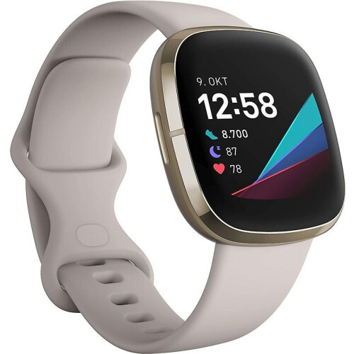 Fitbit Sense 40 mm zacht goud met een siliconen polsband maanwit - wifi