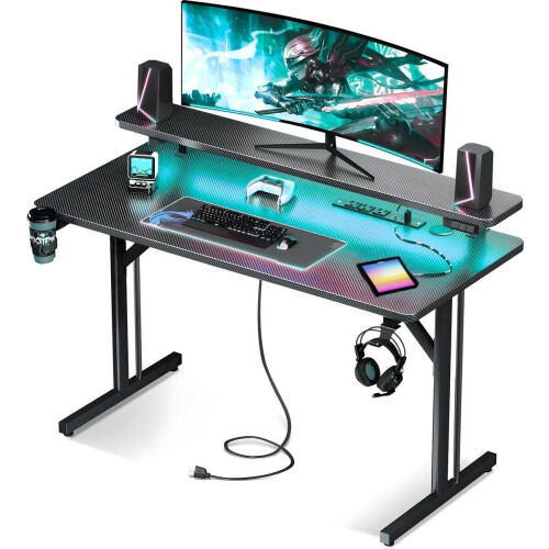 Five Stars® Game Bureau - Gaming Desk - LED Verlichting - Zwart Carbon - 100x50x75 cm