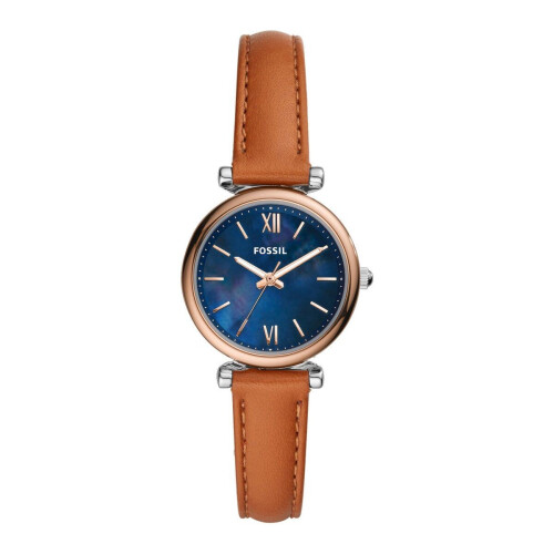 Fossil Carlie Mini - Dameshorloge 28 mm - Bruine leren band - Blauwe parelmoeren wijzerplaat