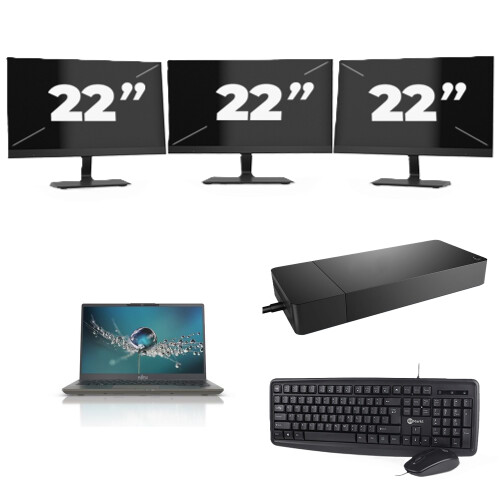 Fujitsu Lifebook U7411 - Intel Core i5-11e Generatie - 14 inch - 8GB RAM - 256GB SSD - Windows 11 Home + 3x 22 inch Monitor Tweedehands