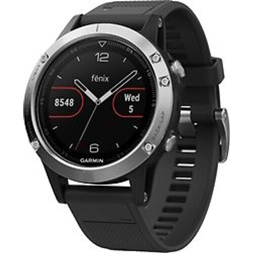 Garmin Fenix 5 47 mm zilver met siliconebandje zwart Tweedehands