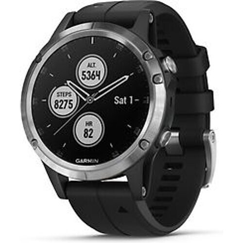Garmin Fenix 5 Plus 47 mm zilver met siliconen armband zwart [wifi] Tweedehands
