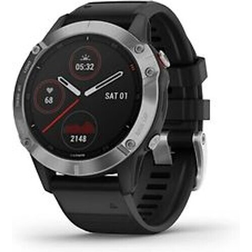 Garmin Fenix 6 47 mm zilver met een zwarte siliconen polsband Tweedehands