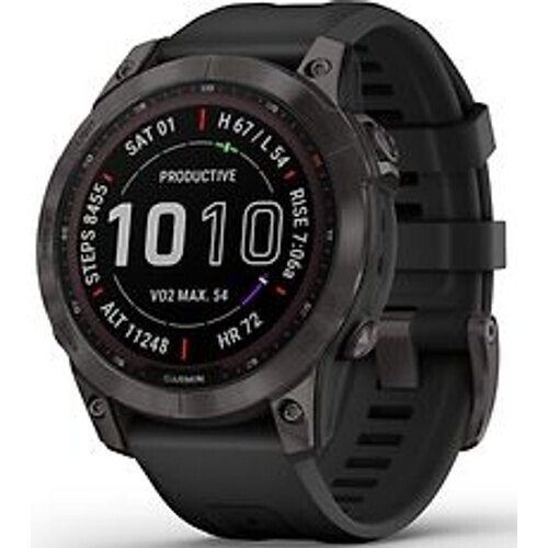 Garmin Fenix 7 47 mm carbon grey DLC titanium met zwarte polsband [wifi, Sapphire Solar Edition] Tweedehands