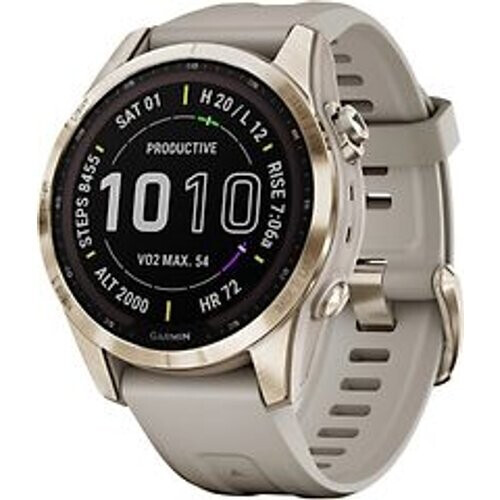 Garmin Fenix 7S 42 mm cream gold titanium met light sand polsband [wifi, Sapphire Solar Edition] Tweedehands