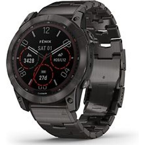 Garmin Fenix 7X 51 mm carbon grey DLC titanium met carbon grey DLC vented titanium polsband [wifi, Sapphire Solar Edition] Tweedehands