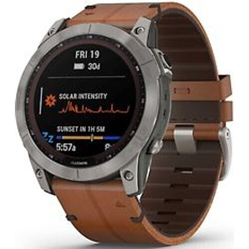 Garmin Fenix 7X 51 mm titanium met chestnut leren polsband [wifi, Sapphire Solar Edition] Tweedehands