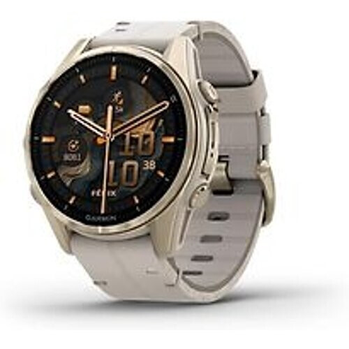 Garmin Fenix 8 43 mm goud titanium met mistig grijs polsband [wifi, Sapphire Edition] Tweedehands