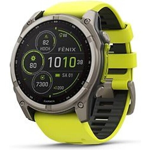 Garmin Fenix 8 51 mm titanium met siliconen polsband geel [wifi, Saphire Solar Edition] Tweedehands
